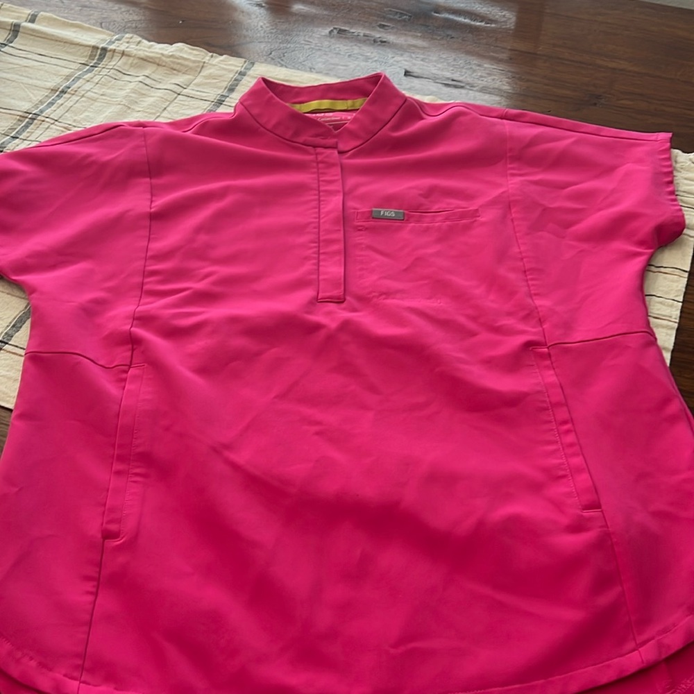 Figs Pink Boxy Button Down Top with Mandarin Collar